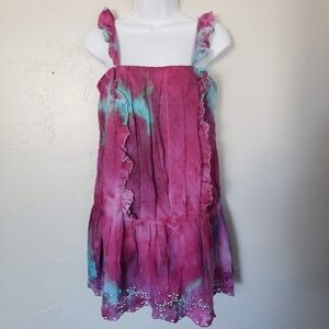 Tularosa XS Pink Purple Blue Tie Dye Mini Dress Swiss Dot Ruffle Straps Eyelet